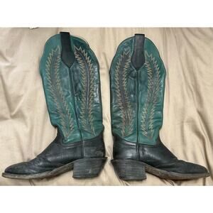 SPUR Men’s Cowboy Boots Size 8.5 D Green & Black Genuine Leather W/Embroidery